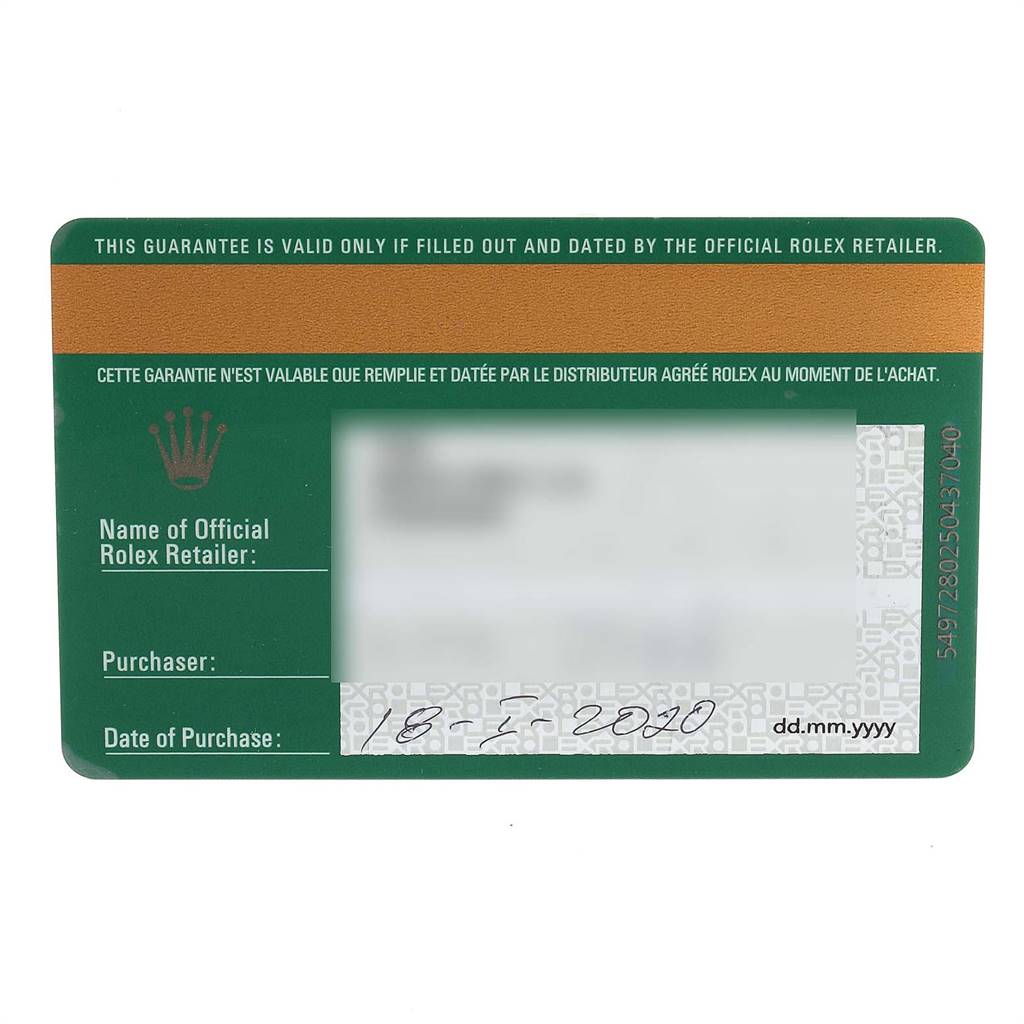 This image shows a guarantee card for a Rolex Datejust 41 116334 Men's Stainless Steel Blue Dial 116334 Men's Stainless Steel Blue Dial watch.