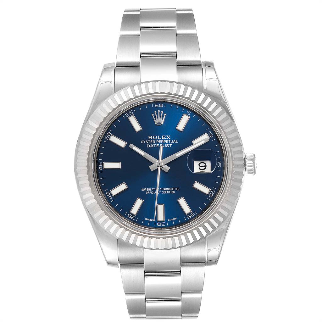 This image shows a Rolex Datejust 41 116334 Men's Stainless Steel Blue Dial 116334 Men's Stainless Steel Blue Dial watch from a front angle, displaying its blue dial, fluted bezel, and stainless steel bracelet.