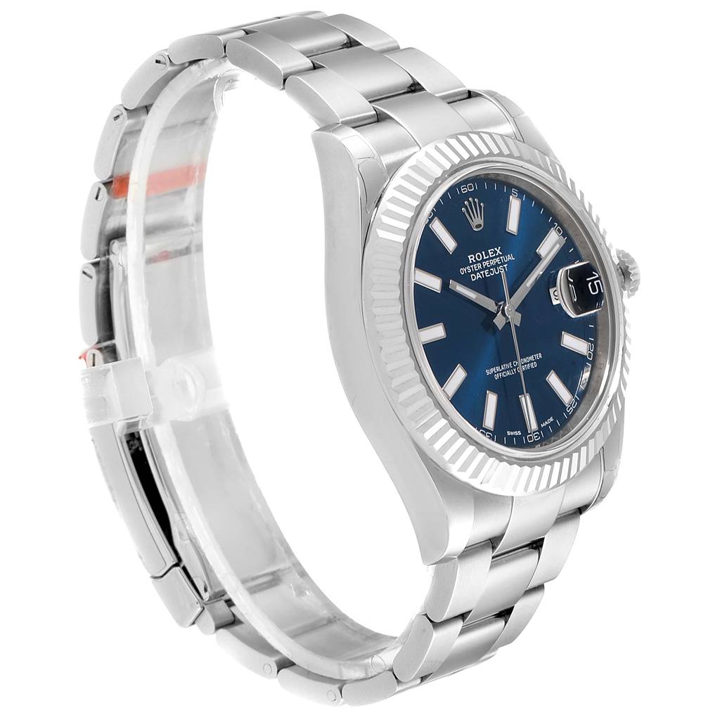 The image shows a side angle of the Rolex Datejust 41 116334 Men's Stainless Steel Blue Dial 116334 Men's Stainless Steel Blue Dial, highlighting its bracelet, case, bezel, and blue dial.