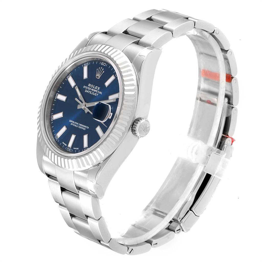 This image shows the Rolex Datejust 41 116334 Men's Stainless Steel Blue Dial 116334 Men's Stainless Steel Blue Dial watch angled to display the face, bezel, crown, and bracelet.