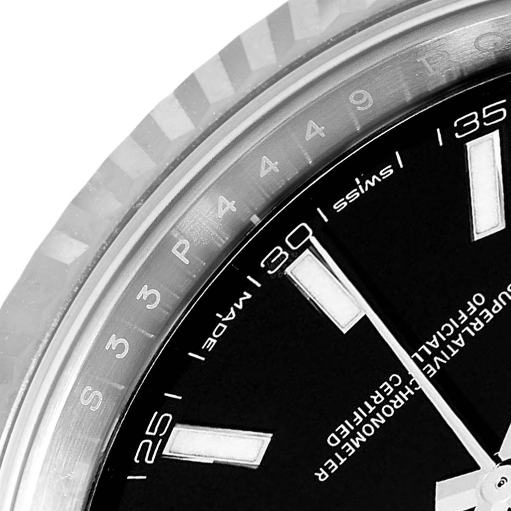 This close-up image shows the bezel, part of the dial, and indices of the Rolex Datejust 41 126334 Men's Stainless Steel Black Dial 126334 Men's Stainless Steel Black Dial watch.