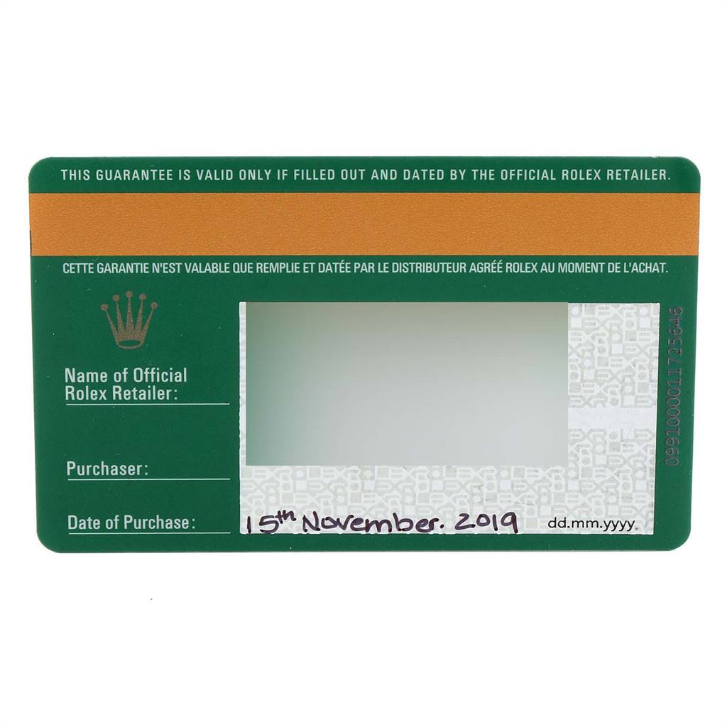 This image shows the guarantee card for a Rolex Datejust 41 126334 Men's Stainless Steel Black Dial 126334 Men's Stainless Steel Black Dial model, detailing the purchase date and retailer information sections.