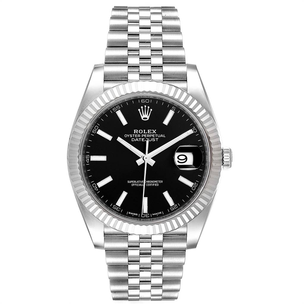 The Rolex Datejust 41 126334 Men's Stainless Steel Black Dial 126334 Men's Stainless Steel Black Dial watch is shown from a front angle, displaying its black dial, fluted bezel, and Jubilee bracelet.