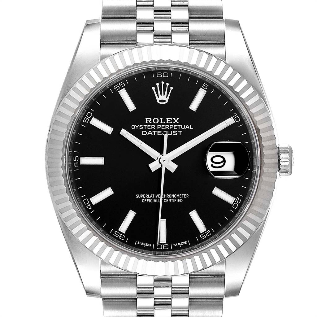 The image shows a frontal view of the Rolex Datejust 41 126334 Men's Stainless Steel Black Dial 126334 Men's Stainless Steel Black Dial watch, highlighting its black dial, jubilee bracelet, and fluted bezel.