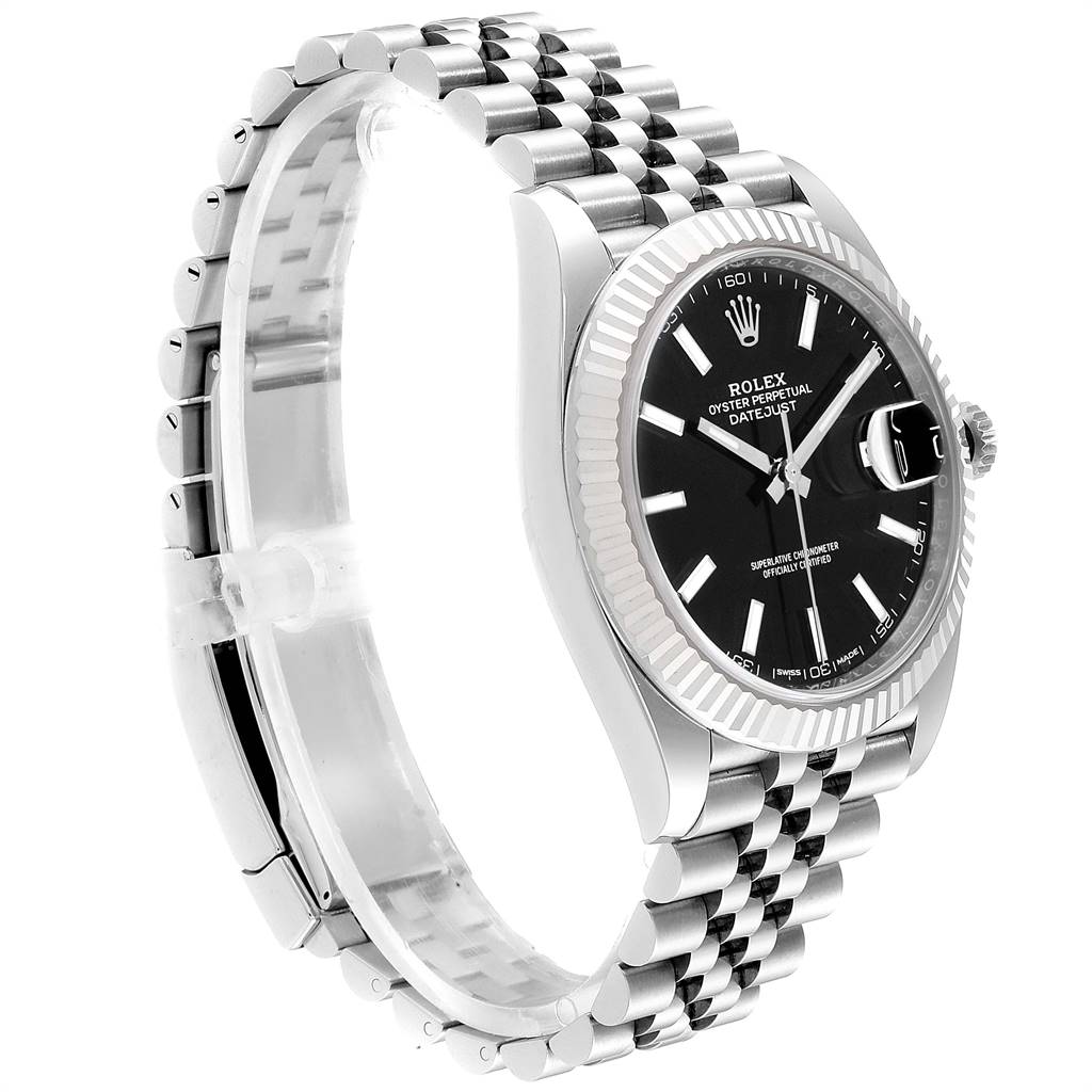 This image shows a Rolex Datejust 41 126334 Men's Stainless Steel Black Dial 126334 Men's Stainless Steel Black Dial watch at a side angle, highlighting the bracelet, black dial, and fluted bezel.