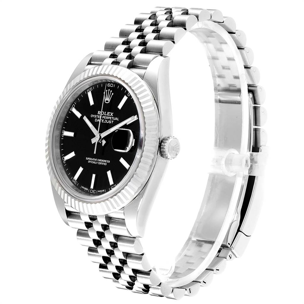 The Rolex Datejust 41 126334 Men's Stainless Steel Black Dial 126334 Men's Stainless Steel Black Dial watch is shown at a front-side angle, displaying its face, bezel, and Jubilee bracelet.