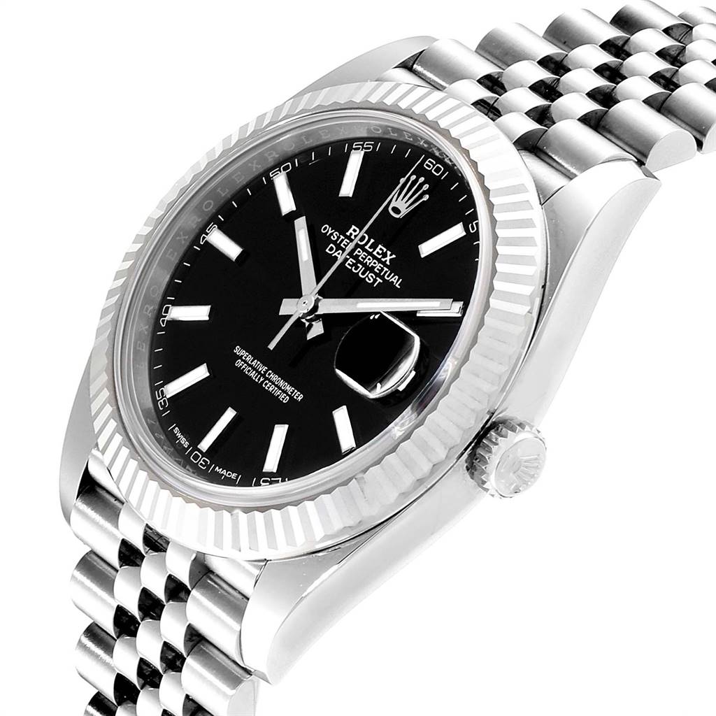 The Rolex Datejust 41 126334 Men's Stainless Steel Black Dial 126334 Men's Stainless Steel Black Dial is shown at an angled view, displaying the black dial, fluted bezel, crown, and jubilee bracelet.