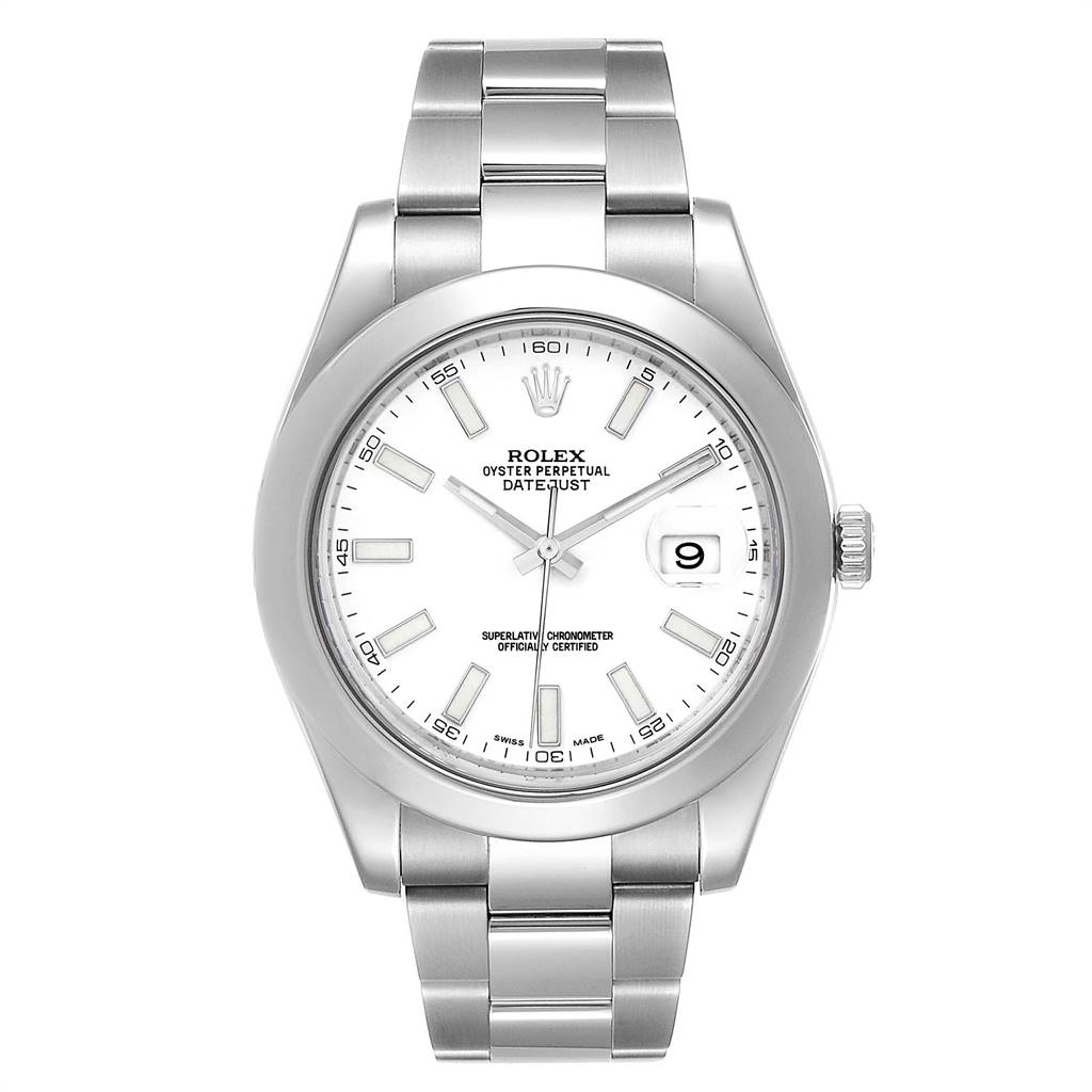 The image shows a Rolex Datejust 41 116300 Men's Stainless Steel White Dial 116300 Men's Stainless Steel White Dial watch from a front view, highlighting its dial, bracelet, and bezel.