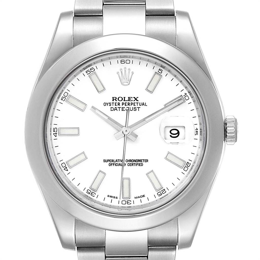 The image shows the face and part of the band of a Rolex Datejust 41 116300 Men's Stainless Steel White Dial 116300 Men's Stainless Steel White Dial watch from a front angle.