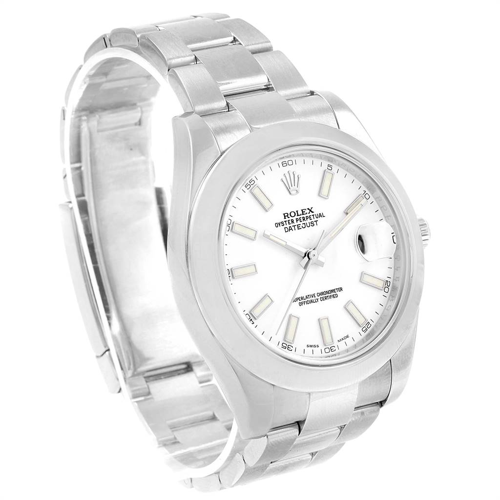 The Rolex Datejust 41 116300 Men's Stainless Steel White Dial 116300 Men's Stainless Steel White Dial watch is shown from a front-left angle, featuring its bracelet, case, dial, and crown.