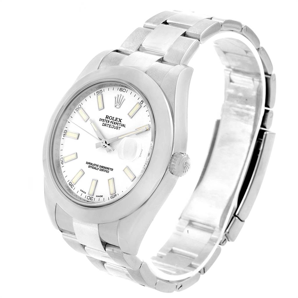 The Rolex Datejust 41 116300 Men's Stainless Steel White Dial 116300 Men's Stainless Steel White Dial watch is shown at a three-quarter angle, displaying the dial, bezel, crown, and bracelet.