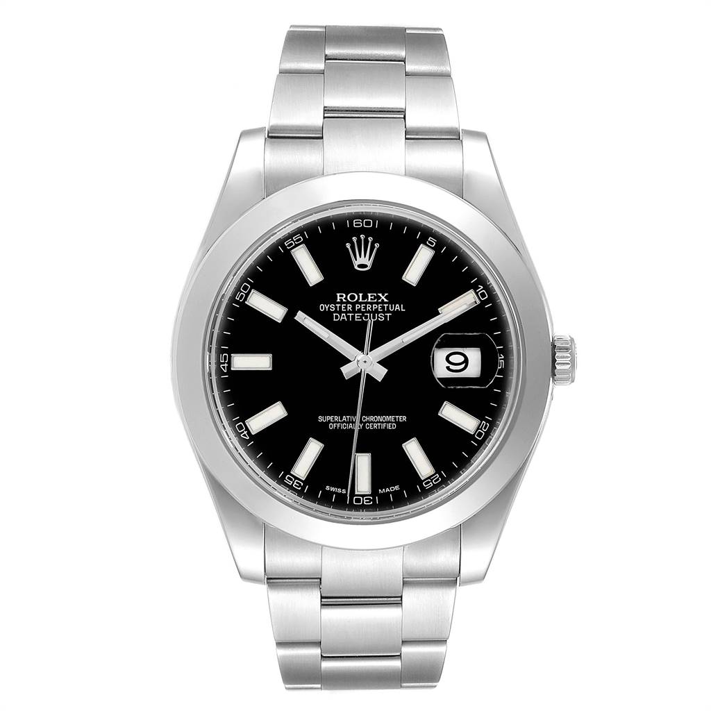 The image shows a front view of the Rolex Datejust 41 116300 Men's Stainless Steel Black Dial 116300 Men's Stainless Steel Black Dial watch, highlighting the black dial, date window, and Oyster bracelet.