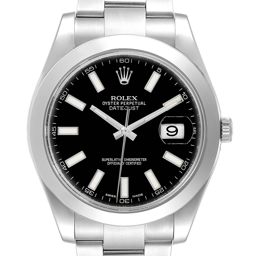 The image shows a front view of the Rolex Datejust 41 116300 Men's Stainless Steel Black Dial 116300 Men's Stainless Steel Black Dial watch, highlighting its black dial, date window, and stainless steel bracelet.