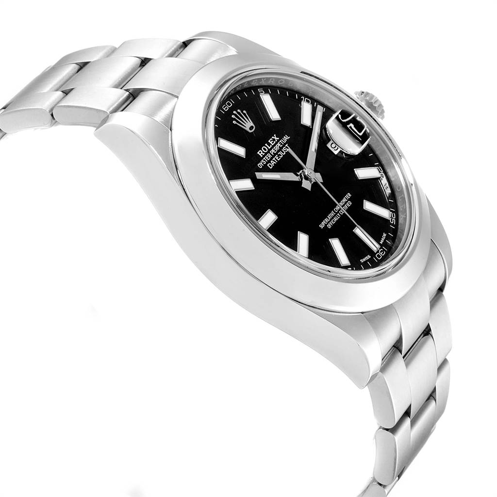The image shows a side angle of the Rolex Datejust 41 116300 Men's Stainless Steel Black Dial 116300 Men's Stainless Steel Black Dial watch, highlighting its black dial, silver bracelet, and crown.