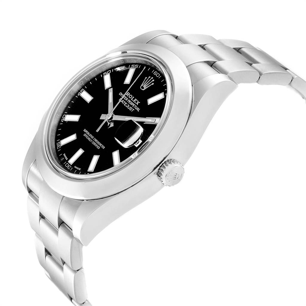 The image shows a side angle of the Rolex Datejust 41 116300 Men's Stainless Steel Black Dial 116300 Men's Stainless Steel Black Dial watch, highlighting its dial, bezel, and bracelet.