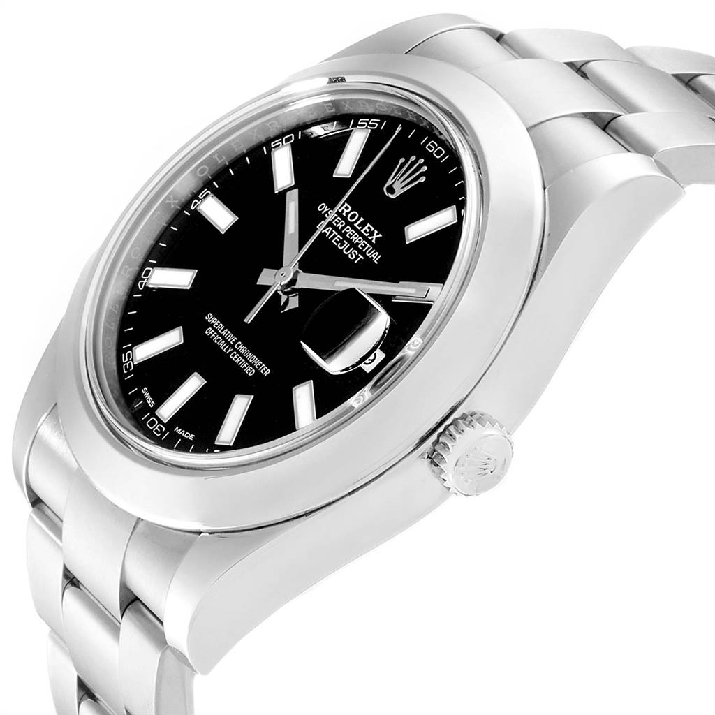 The image shows a tilted side view of a Rolex Datejust 41 116300 Men's Stainless Steel Black Dial 116300 Men's Stainless Steel Black Dial watch, highlighting its crown, case, bracelet, and black dial.