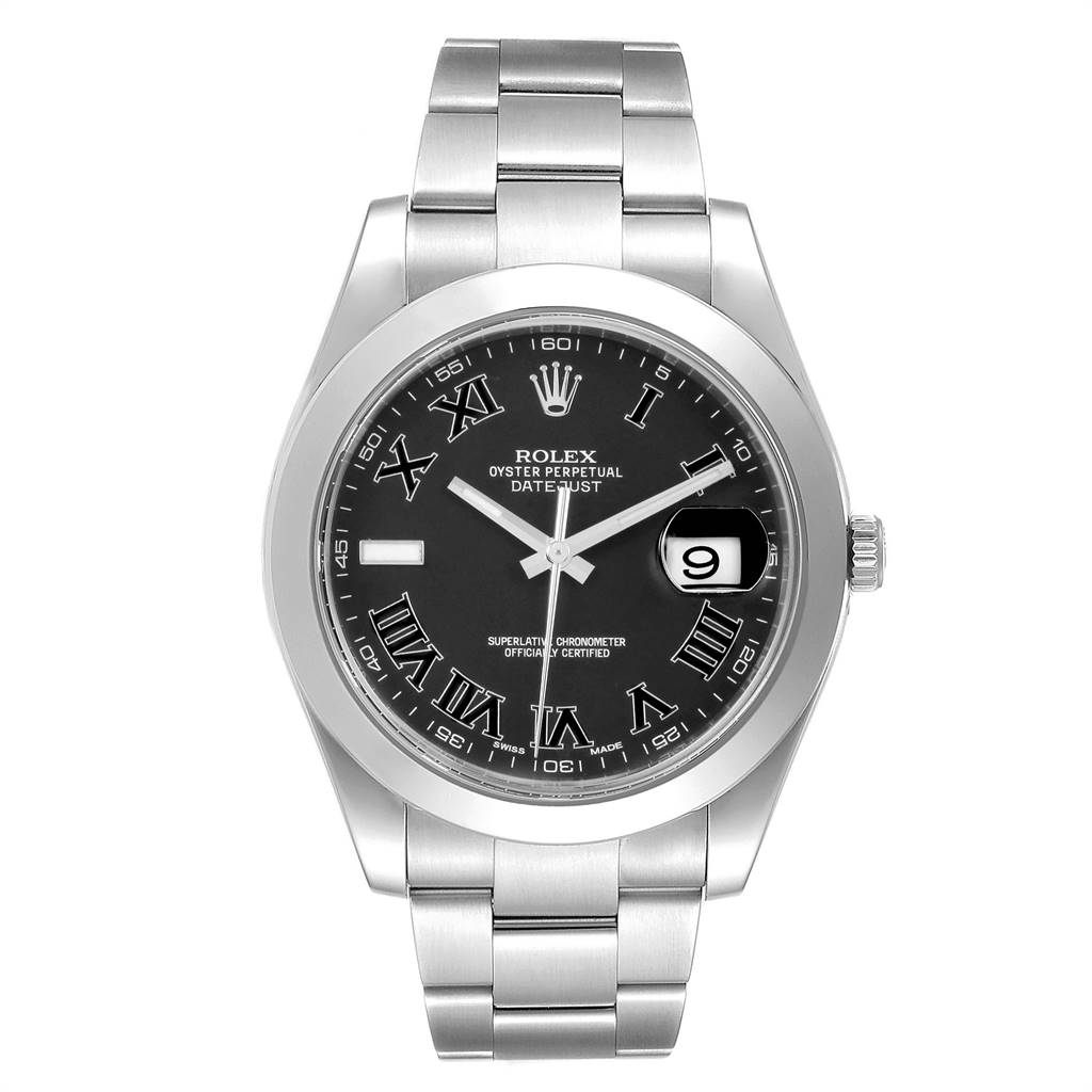 This image shows a front view of a Rolex Datejust 41 116300 Men's Stainless Steel Grey Dial 116300 Men's Stainless Steel Grey Dial watch, highlighting its dial, bracelet, and date window.