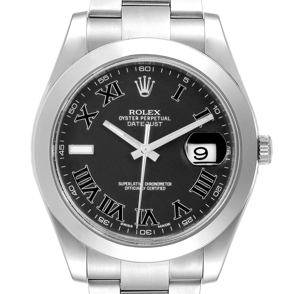 This image shows a front view of the Rolex Datejust 41 116300 Men's Stainless Steel Grey Dial 116300 Men's Stainless Steel Grey Dial, highlighting its dial, case, and part of the bracelet.