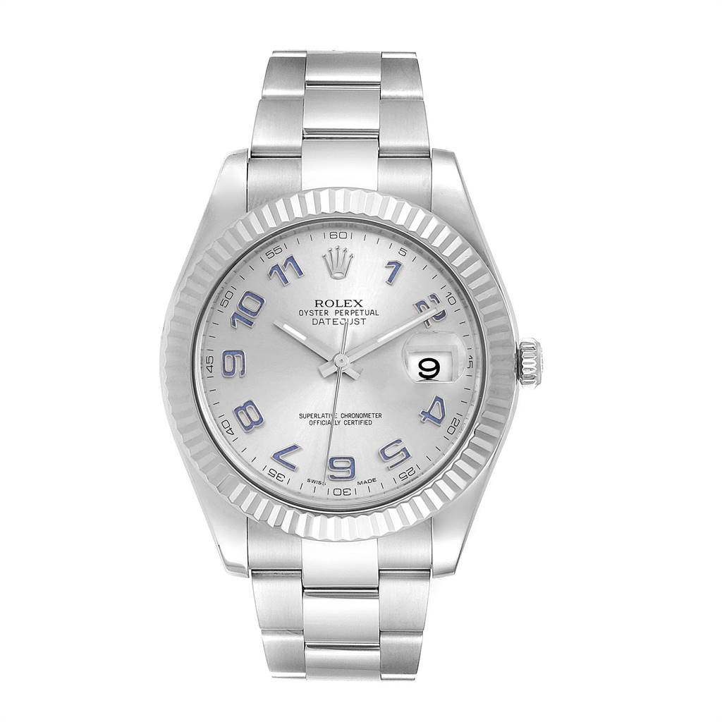 The image shows a front view of a Rolex Datejust 41 116334 Men's Stainless Steel Silver Dial 116334 Men's Stainless Steel Silver Dial watch, featuring a silver dial, fluted bezel, and Oyster bracelet.