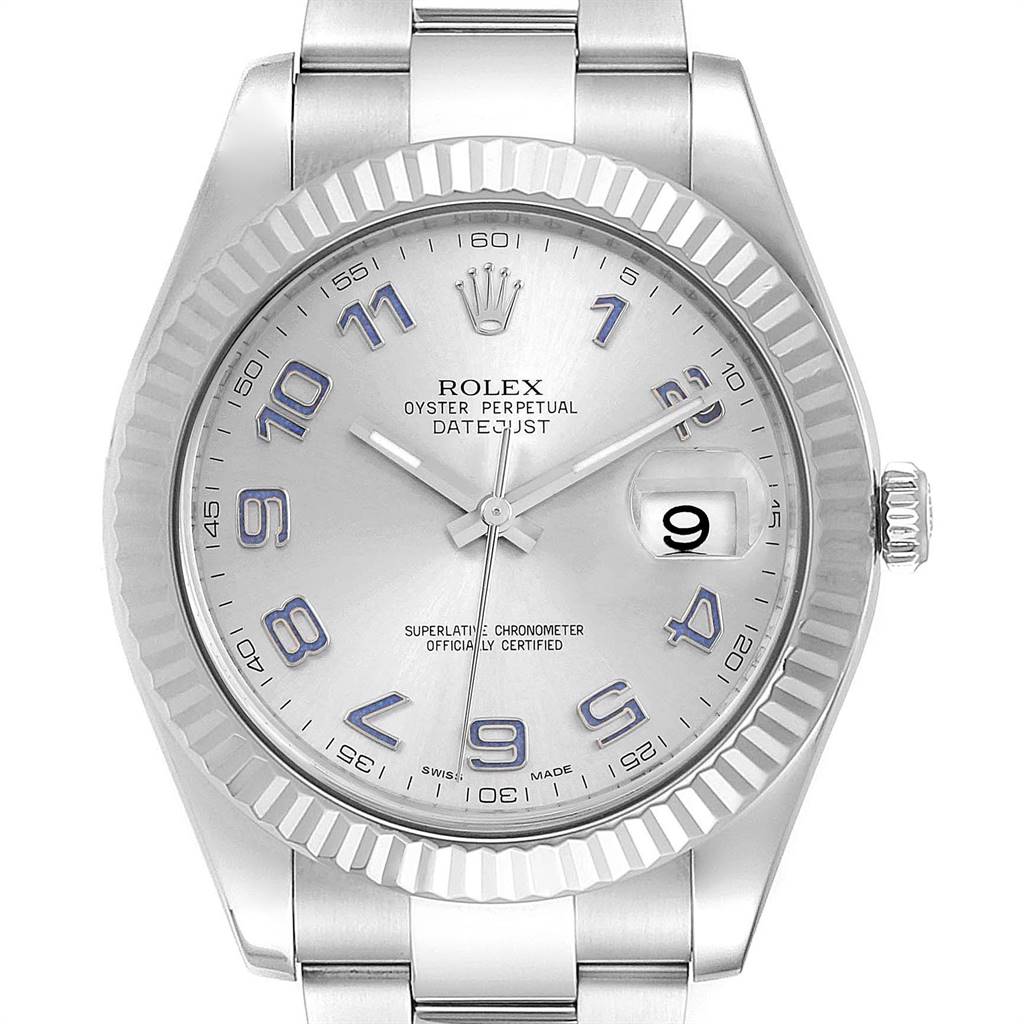 The image shows a front view of the Rolex Datejust 41 116334 Men's Stainless Steel Silver Dial 116334 Men's Stainless Steel Silver Dial watch, highlighting its dial, fluted bezel, and bracelet.
