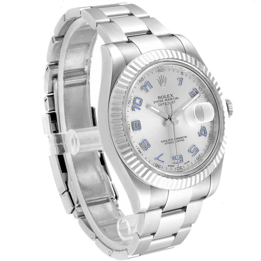 The image shows a Rolex Datejust 41 116334 Men's Stainless Steel Silver Dial 116334 Men's Stainless Steel Silver Dial watch from a slight angled side view, featuring the face, bezel, and bracelet.