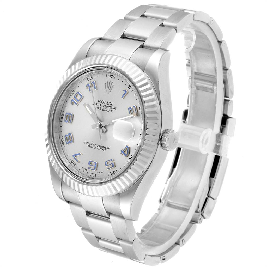 The image shows a Rolex Datejust 41 116334 Men's Stainless Steel Silver Dial 116334 Men's Stainless Steel Silver Dial watch at an angle that highlights the dial, bezel, bracelet, and crown.