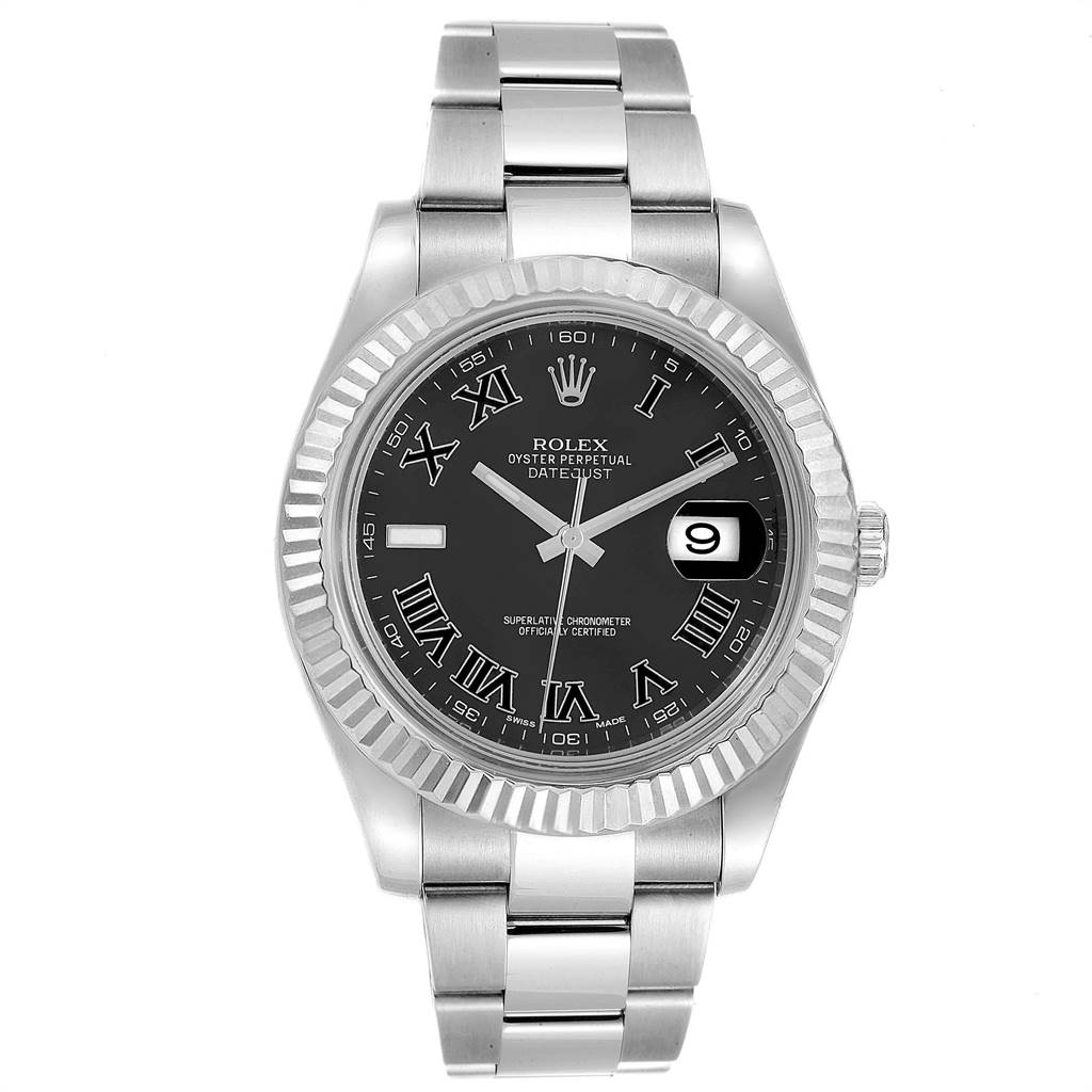 The image shows a front view of a Rolex Datejust 41 116334 Men's Stainless Steel Grey Dial 116334 Men's Stainless Steel Grey Dial watch, highlighting the dial, bezel, and bracelet.