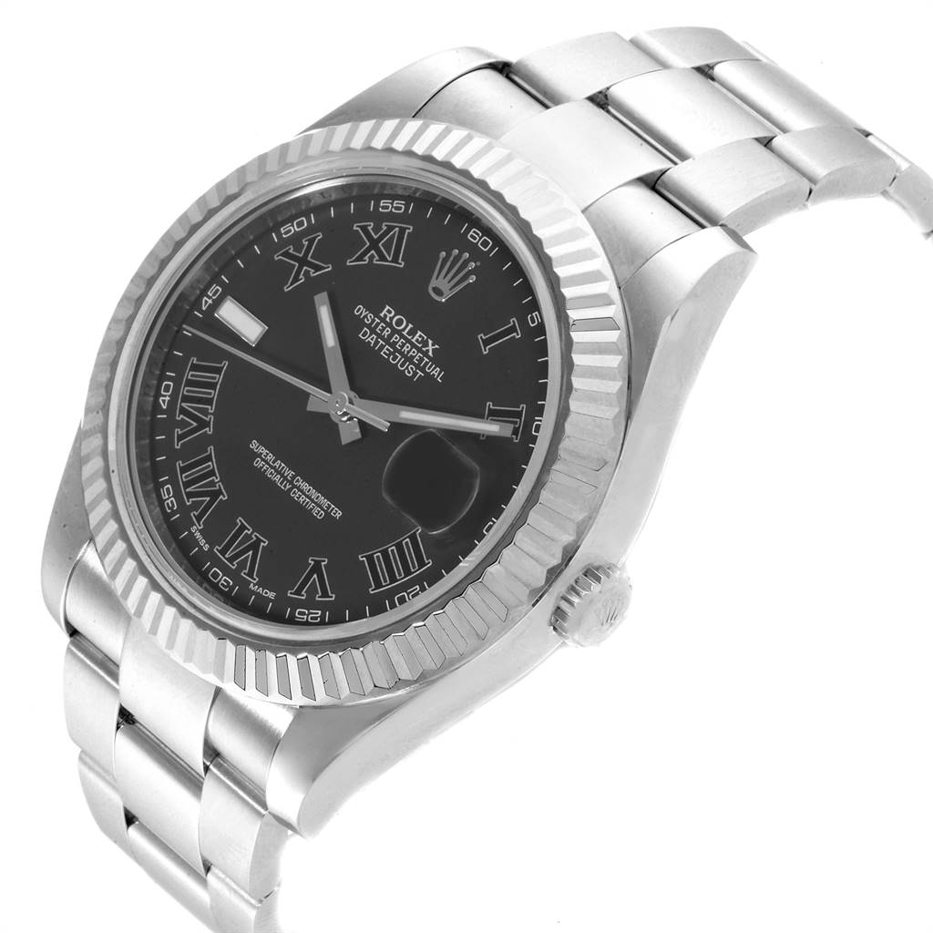 The image shows a Rolex Datejust 41 116334 Men's Stainless Steel Grey Dial 116334 Men's Stainless Steel Grey Dial model watch at an angled view, highlighting the face, bezel, and part of the bracelet.