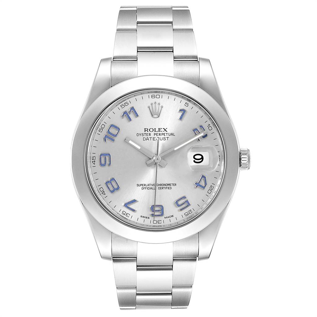 This image shows a front view of a Rolex Datejust 41 116300 Men's Stainless Steel Silver Dial 116300 Men's Stainless Steel Silver Dial watch, displaying its face, bezel, crown, and bracelet.