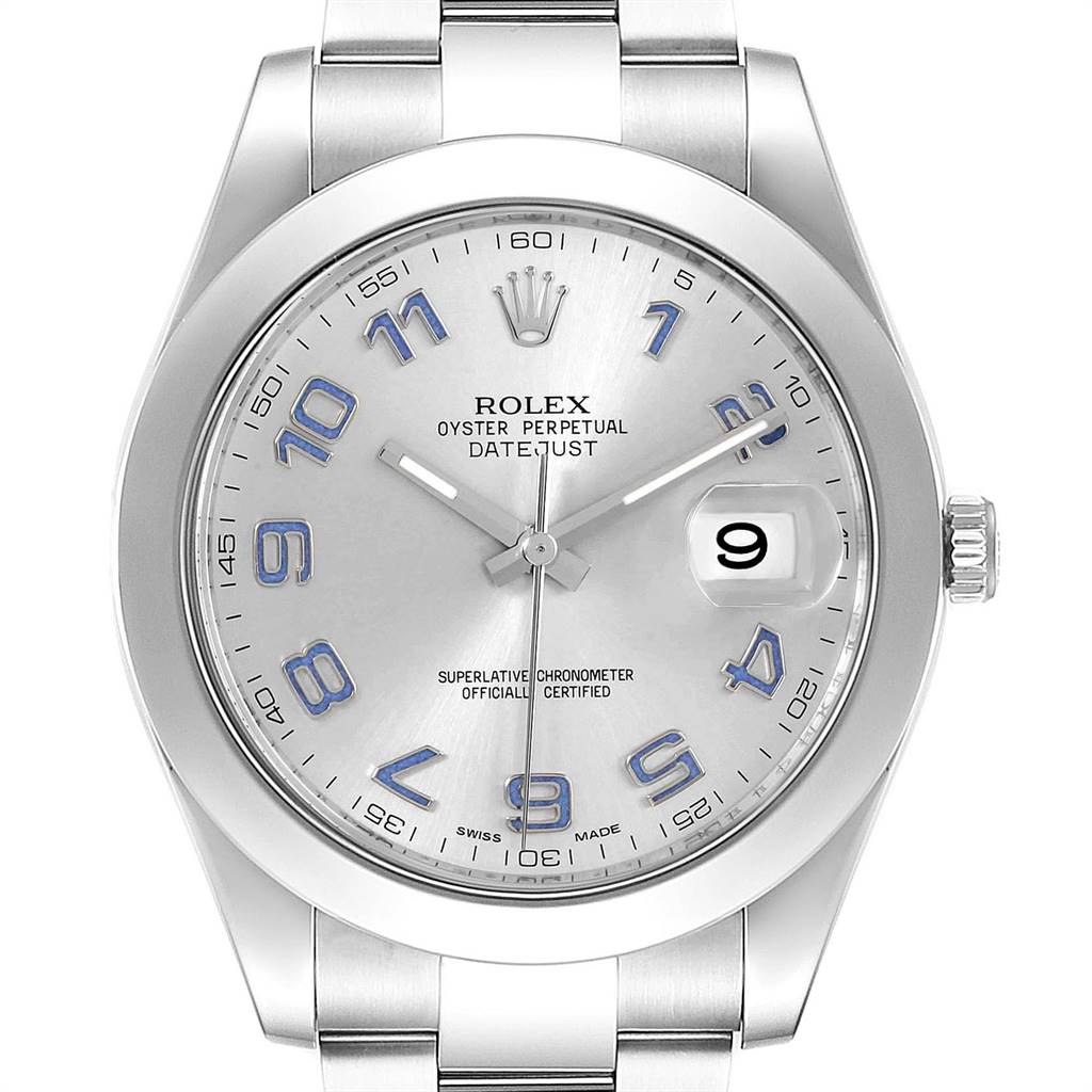 This image shows a frontal view of the Rolex Datejust 41 116300 Men's Stainless Steel Silver Dial 116300 Men's Stainless Steel Silver Dial watch, featuring its dial, hour markers, hands, date window, and part of the bracelet.