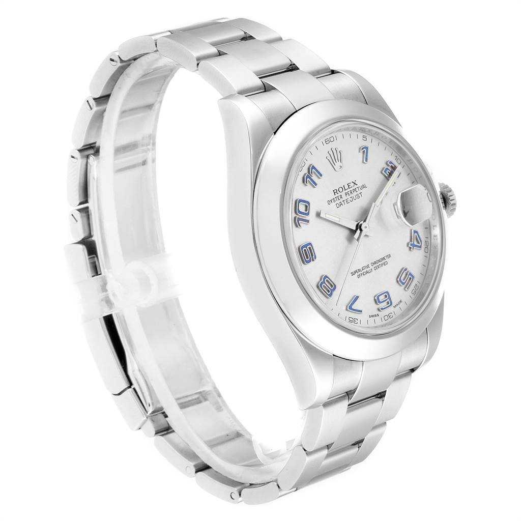 The Rolex Datejust 41 116300 Men's Stainless Steel Silver Dial 116300 Men's Stainless Steel Silver Dial is shown at a 3/4 angle, highlighting the bracelet, case, dial, and crown.