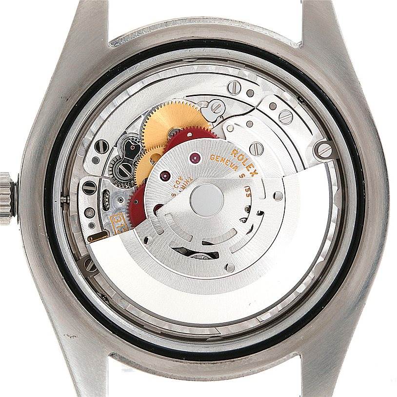 This image shows the back view of the Rolex Datejust 41 116334 Men's Stainless Steel Black Dial 116334 Men's Stainless Steel Black Dial watch, highlighting its internal movement components.