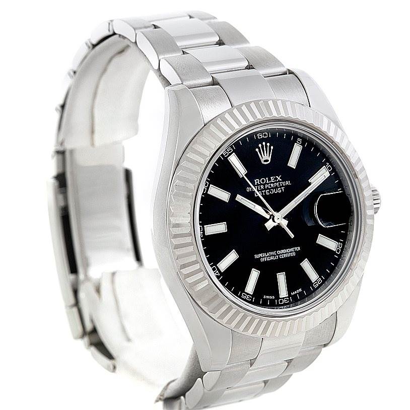 The image shows a Rolex Datejust 41 116334 Men's Stainless Steel Black Dial 116334 Men's Stainless Steel Black Dial model watch from a front-left angle, highlighting its dial, bezel, and bracelet.