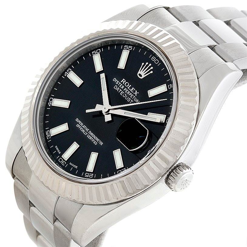 The image shows the Rolex Datejust 41 116334 Men's Stainless Steel Black Dial 116334 Men's Stainless Steel Black Dial watch at a three-quarter angle, highlighting its dial, bezel, and a portion of the bracelet.