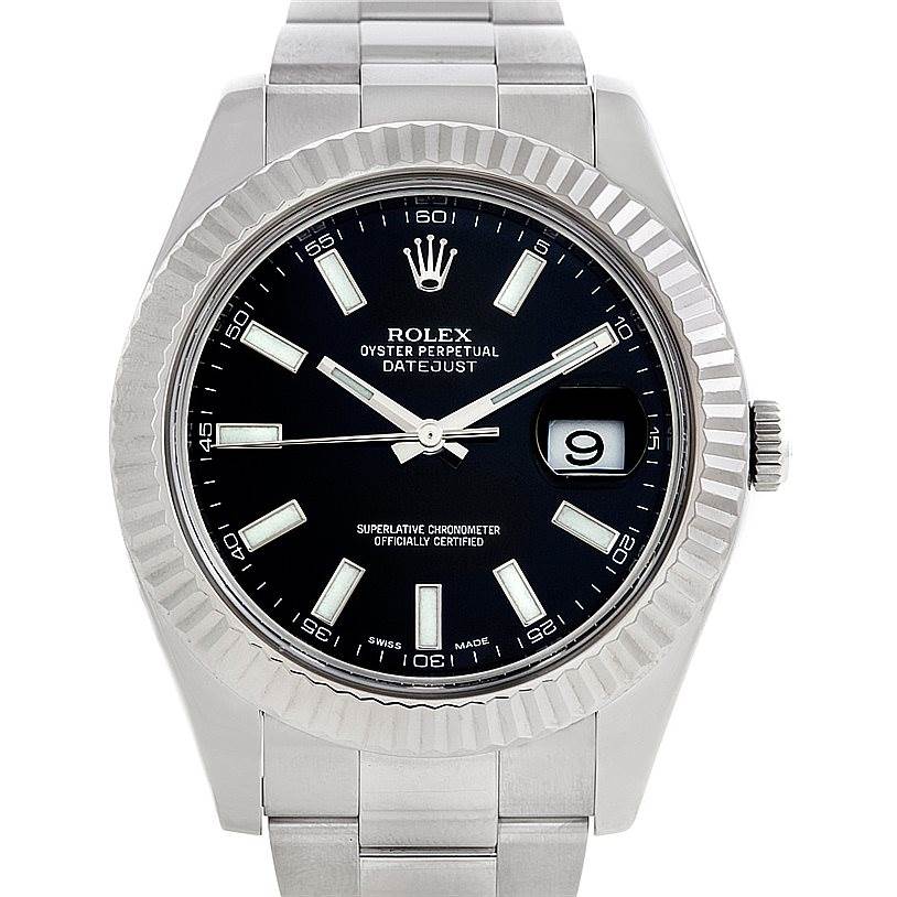 The image shows a front view of the Rolex Datejust 41 116334 Men's Stainless Steel Black Dial 116334 Men's Stainless Steel Black Dial model, highlighting its black dial, fluted bezel, and bracelet.