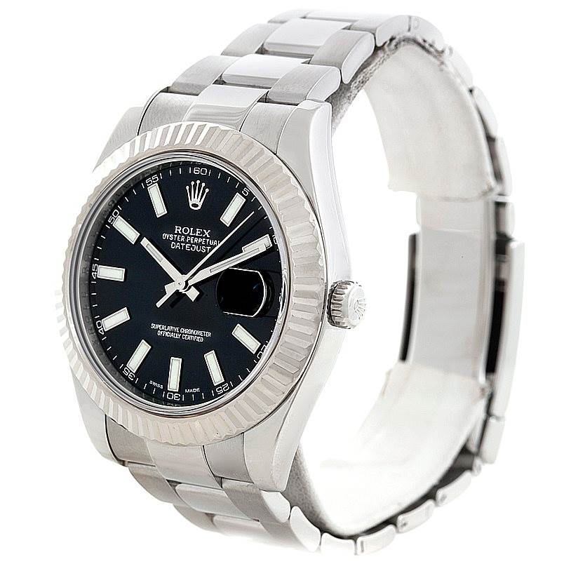 The image shows a front-side angled view of the Rolex Datejust 41 116334 Men's Stainless Steel Black Dial 116334 Men's Stainless Steel Black Dial watch, displaying its dial, bezel, crown, and bracelet.