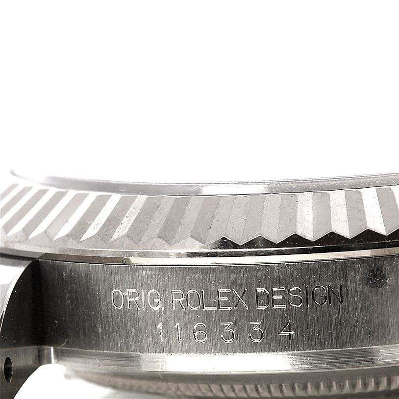 The image shows a close-up of the bezel and outer case side of the Rolex Datejust 41 116334 Men's Stainless Steel Black Dial 116334 Men's Stainless Steel Black Dial watch, highlighting the model number engraving.