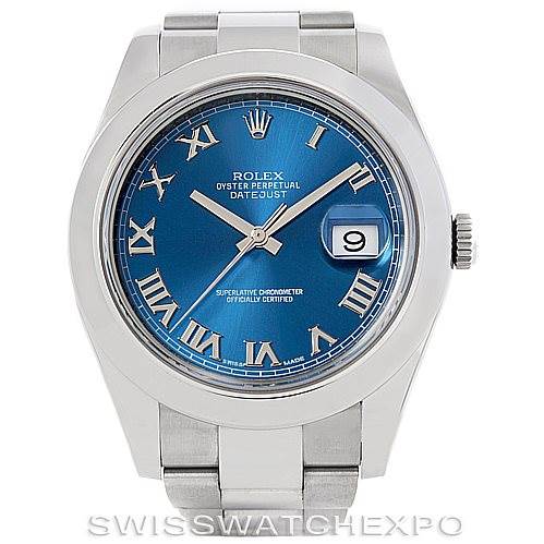 The image shows a front view of the Rolex Datejust 41 116300 Men's Stainless Steel Blue Dial 116300 Men's Stainless Steel Blue Dial, featuring a blue dial with Roman numerals and a date window at the 3 o'clock position.