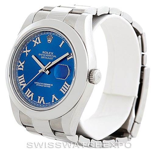 The image shows a Rolex Datejust 41 116300 Men's Stainless Steel Blue Dial 116300 Men's Stainless Steel Blue Dial watch, displaying its blue dial, Oyster case, fluted bezel, and a partial view of its bracelet.