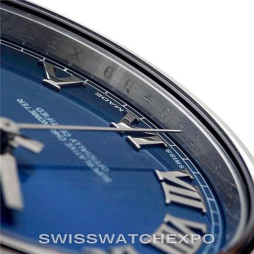 This close-up image of a Rolex Datejust 41 116300 Men's Stainless Steel Blue Dial 116300 Men's Stainless Steel Blue Dial watch highlights the blue dial, Roman numerals, and a portion of the stainless steel bezel.