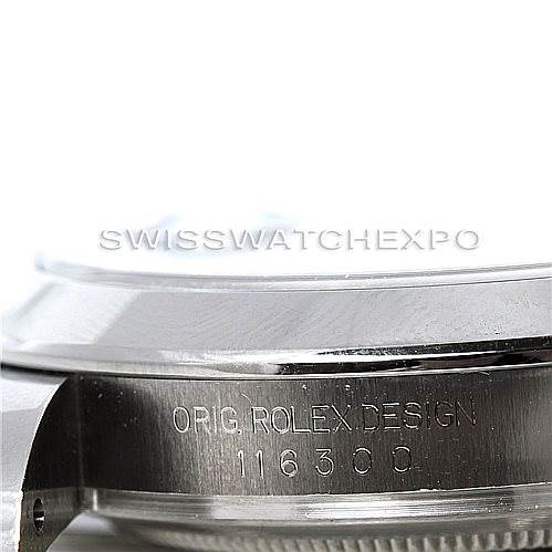 This close-up image shows the side casing and engraved serial number of the Rolex Datejust 41 116300 Men's Stainless Steel Blue Dial 116300 Men's Stainless Steel Blue Dial model.