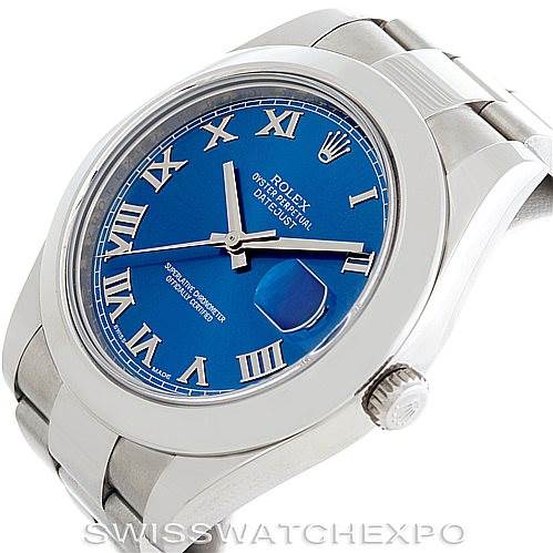 This image shows a Rolex Datejust 41 116300 Men's Stainless Steel Blue Dial 116300 Men's Stainless Steel Blue Dial watch at an oblique angle, highlighting the blue dial, Roman numerals, and part of the bracelet.