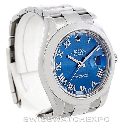 This image shows the front and side view of a Rolex Datejust 41 116300 Men's Stainless Steel Blue Dial 116300 Men's Stainless Steel Blue Dial watch with a blue dial and Roman numeral markers.