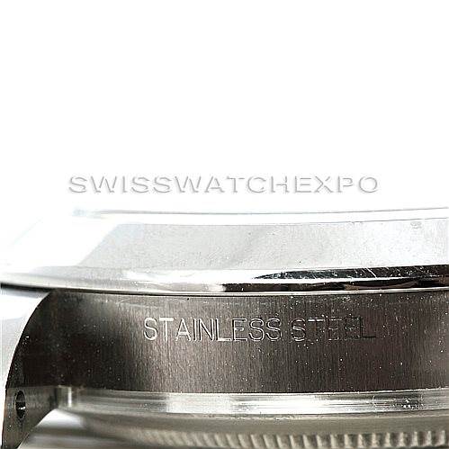 This image shows a close-up side view of the Rolex Datejust 41 116300 Men's Stainless Steel Blue Dial 116300 Men's Stainless Steel Blue Dial model, highlighting the "STAINLESS STEEL" engraving.