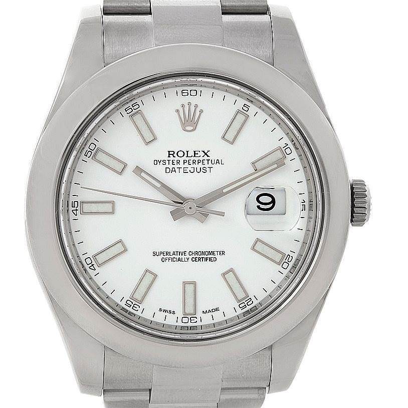 This image shows a front view of a Rolex Datejust 41 116300 Men's Stainless Steel White Dial 116300 Men's Stainless Steel White Dial watch, displaying its face, bezel, and bracelet.