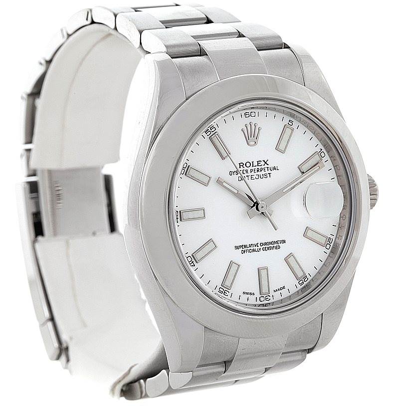 The image shows a Rolex Datejust 41 116300 Men's Stainless Steel White Dial 116300 Men's Stainless Steel White Dial watch at a front angle, highlighting its white dial, silver hour markers, and stainless steel bracelet.