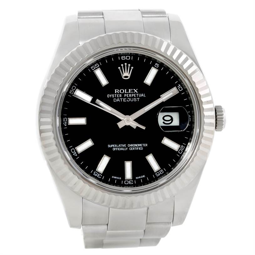 The image shows a front view of the Rolex Datejust 41 116334 Men's Stainless Steel Black Dial 116334 Men's Stainless Steel Black Dial watch, displaying the dial, bezel, and part of the bracelet.