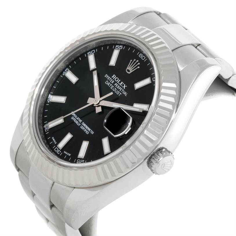 This image shows a Rolex Datejust 41 116334 Men's Stainless Steel Black Dial 116334 Men's Stainless Steel Black Dial watch from a left-sided angle, highlighting its face, bezel, and part of the bracelet.