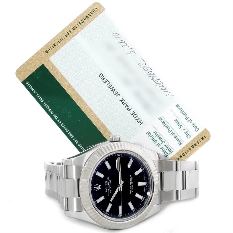 The image shows the Rolex Datejust 41 116334 Men's Stainless Steel Black Dial 116334 Men's Stainless Steel Black Dial watch from a front angle, paired with a certification card in the background.