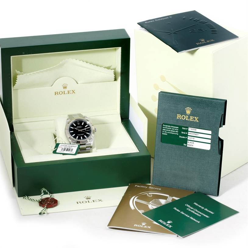 The image shows a Rolex Datejust 41 116334 Men's Stainless Steel Black Dial 116334 Men's Stainless Steel Black Dial watch with its box, tags, warranty card, booklets, and cleaning cloth.